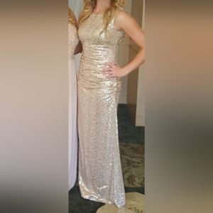 Gold sequin evening gown cowl back bridesmaids dress